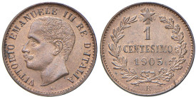 REGNO D'ITALIA. Vittorio Emanuele III (1900-1943). 1 Centesimo 1905. CU. Gig. 310. Rame rosso. Periziato Marco Esposito FDC rame rosso.
FDC