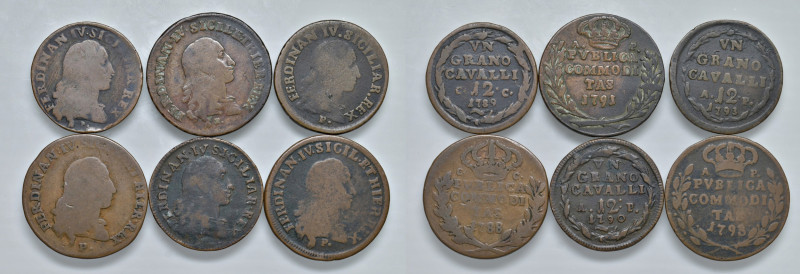 NAPOLI. Lotto di 6 Monete. 3 Tornesi 1788, 1791, 1793, 12 Cavalli 1789, 1790 e 1...