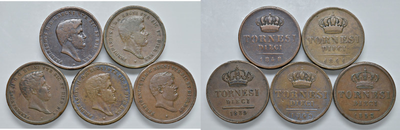 NAPOLI. Lotto di 5 monete. 10 Tornesi 1839, 1841, 1848, 1849 e 1853. CU. Gig. 19...
