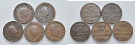NAPOLI. Lotto di 5 monete. 1 e 1/2 Tornese 1840, 1844, 1848, 1849 e 1853. CU. Gig. 270; 271; 273;274; 277a.