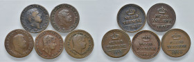 NAPOLI. Lotto di 5 monete. 1/2 Tornese 1844, 1845, 1851, 1853 e 1853 testa grande. CU. Gig 310; 311a; 318; 320; 322.