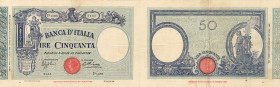 REGNO. Vittorio Emanuele III. 50 lire MATRICE (FASCIO) 17/07/1934. Gig. BI 5/24. Carta di buona qualità, colori vivi, consuete pieghe e due forellini ...