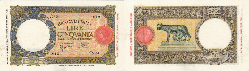 REGNO. Vittorio Emanuele III. 50 lire LUPETTA (FASCIO) 23/10/1940. Gig. BI-6N. C...