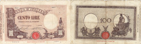 REGNO. Vittorio Emanuele III. 100 lire MATRICE (FASCIO) 12/02/1927. Gig. BI 17B. R Carta di buona qualità, colori vivaci, pieghe, piccolissimo strappo...