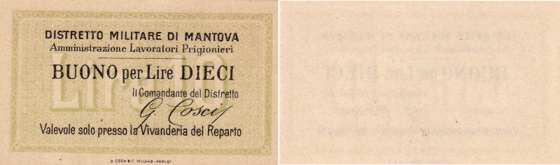 PRIGIONIERI DI GUERRA. Distretto Militare di Mantova. Buono per 10 Lire. Gavello...