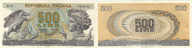 REPUBBLICA. 500 lire ARETUSA 23-04-1975. Gig. BS-25E. RRR Carta di ottima consistenza, colori vivaci, leggera ondulazione
SPL+