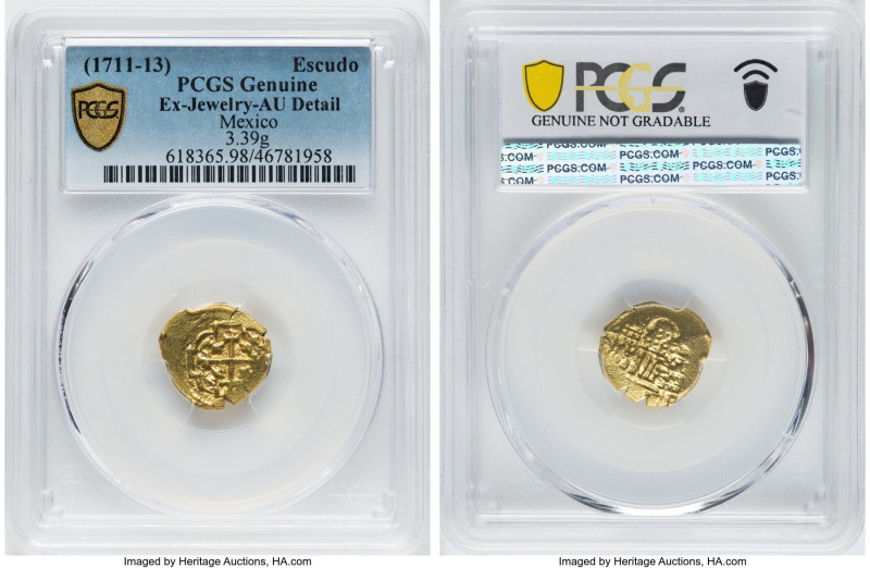 Philip V gold Cob Escudo ND (1711-1713) AU Details (Ex Jewelry) PCGS, Mexico Cit...