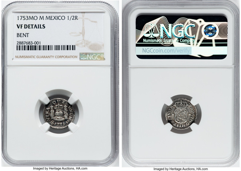 Ferdinand VI 1/2 Real 1753 Mo-M VF Details (Bent) NGC, Mexico City mint, KM67.1....