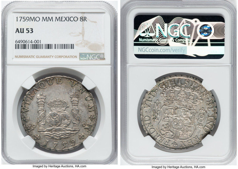 Ferdinand VI 8 Reales 1759 Mo-MM AU53 NGC, Mexico City mint, KM104.2, Cal-495. A...