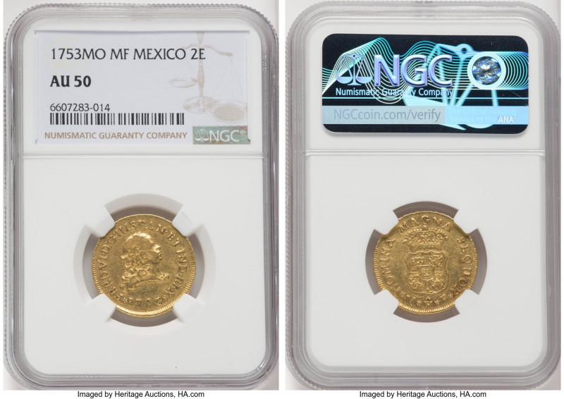 Ferdinand VI gold 2 Escudos 1753 Mo-MF AU50 NGC, Mexico City mint, KM126.2, Cal-...