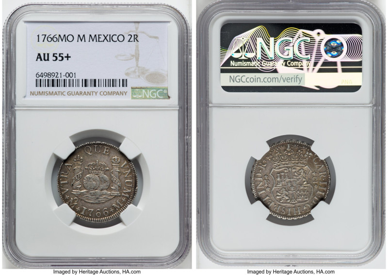 Charles III 2 Reales 1766 Mo-M AU55+ NGC, Mexico City mint, KM87, Cal-650. The f...