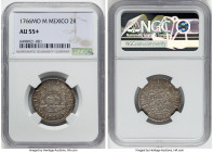 Charles III 2 Reales 1766 Mo-M AU55+ NGC, Mexico City mint, KM87, Cal-650. The finest across certification companies, endowed with well-defined device...