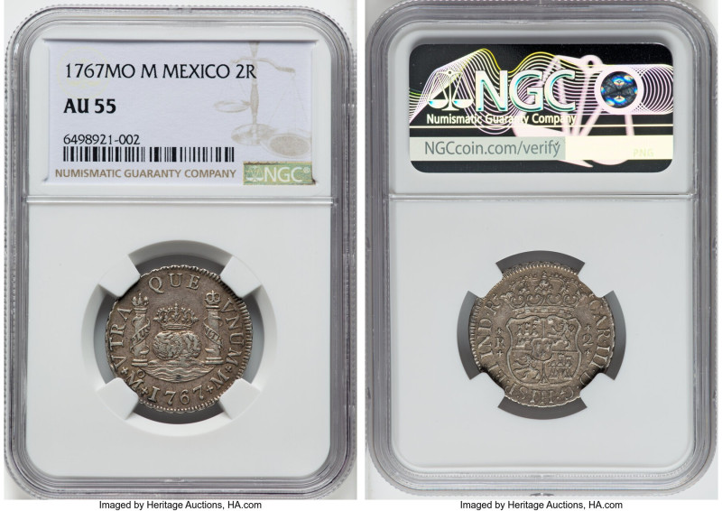 Charles III 2 Reales 1767 Mo-M AU55 NGC, Mexico City mint, KM87, Cal-651. Just a...