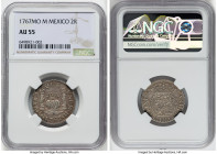 Charles III 2 Reales 1767 Mo-M AU55 NGC, Mexico City mint, KM87, Cal-651. Just a handful of specimens rank higher on NGC's census than the piece at ha...