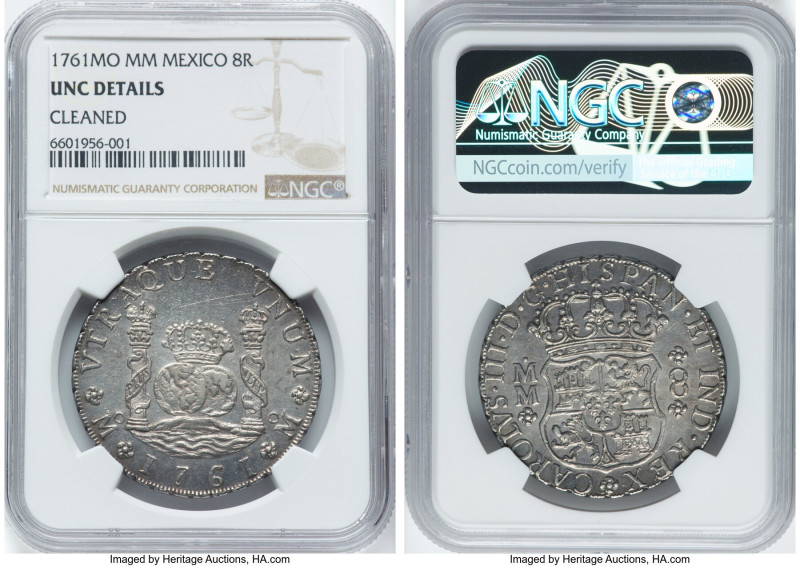 Charles III 8 Reales 1761 Mo-MM UNC Details (Cleaned) NGC, Mexico City mint, KM1...