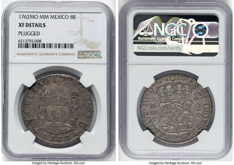 Charles III 8 Reales 1762 Mo-MM XF Details (Plugged) NGC, Mexico City mint, KM10...