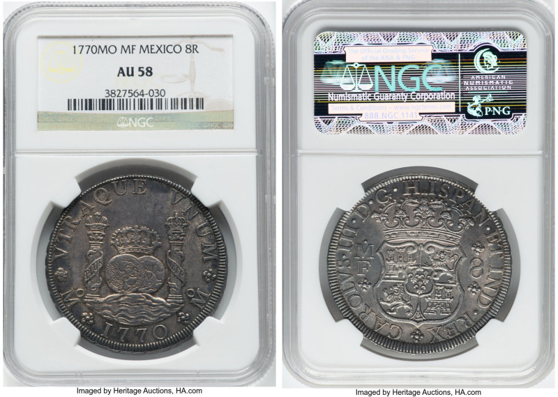 Charles III 8 Reales 1770 Mo-MF AU58 NGC, Mexico City mint, KM105, Cal-1099. Boa...