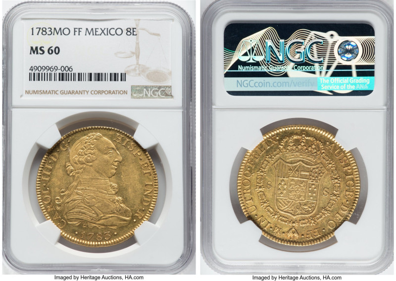 Charles III gold 8 Escudos 1783 Mo-FF MS60 NGC, Mexico City mint, KM156.2, Cal-2...