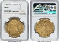 Charles III gold 8 Escudos 1783 Mo-FF MS60 NGC, Mexico City mint, KM156.2, Cal-2014. Confidently Mint State and punctuated by notable flash to the pro...