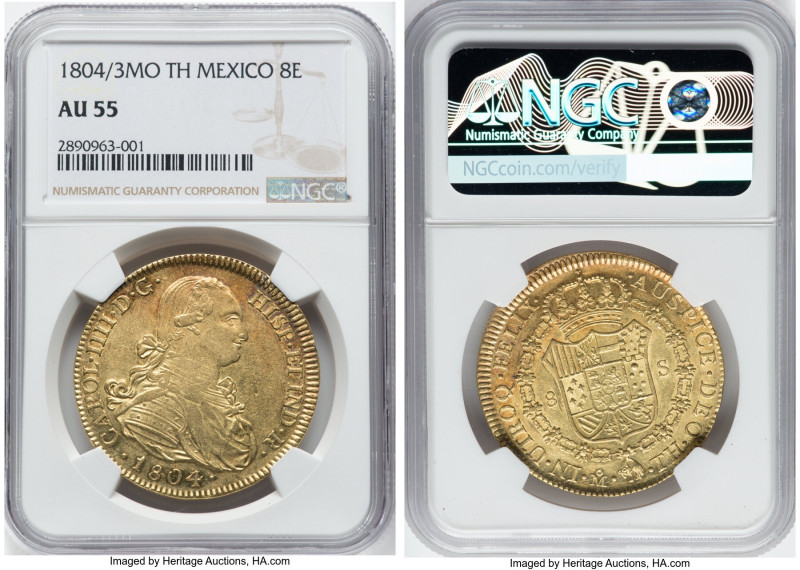 Charles IV gold 8 Escudos 1804/3 Mo-TH AU55 NGC, Mexico City mint, KM159, Cal-16...