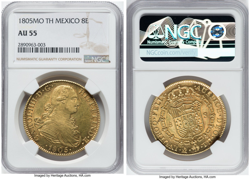 Charles IV gold 8 Escudos 1805 Mo-TH AU55 NGC, Mexico City mint, KM159, Cal-1649...