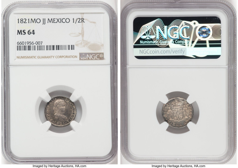 Ferdinand VII 1/2 Real 1821 Mo-JJ MS64 NGC, Mexico City mint, KM74, Cal-412. Fin...