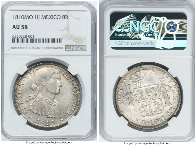 Ferdinand VII 8 Reales 1810 Mo-HJ AU58 NGC, Mexico City mint, KM110, Cal-1314. M...