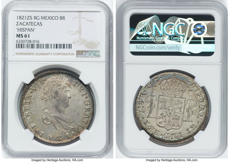 Zacatecas. Ferdinand VII "Royalist" 8 Reales 1821 Zs-RG MS61 NGC, Zacatecas mint...