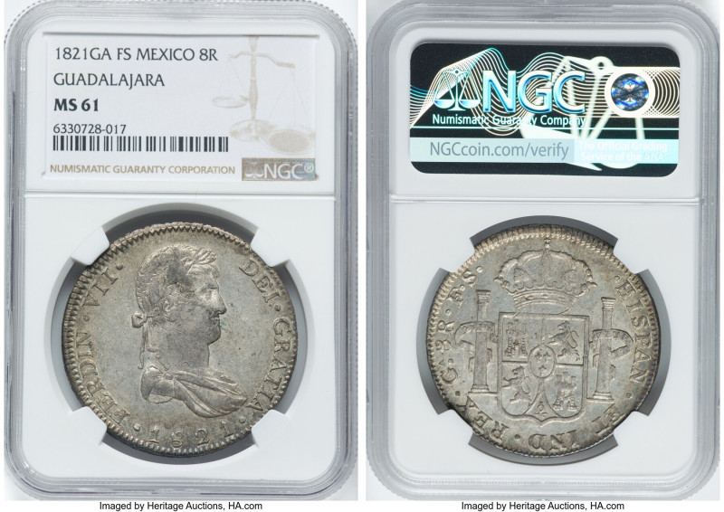 Guadalajara. Ferdinand VII "Royalist" 8 Reales 1821 GA-FS MS61 NGC, Guadalajara ...