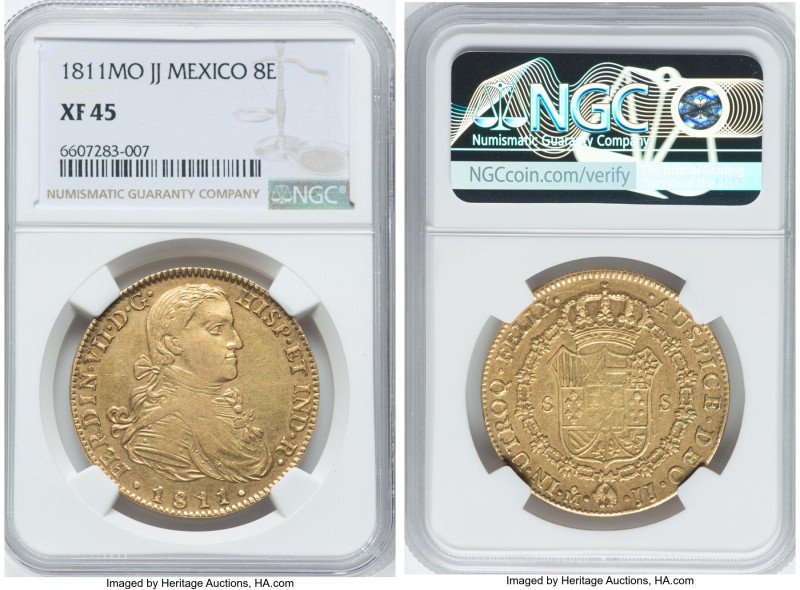Ferdinand VII gold 8 Escudos 1811 Mo-JJ XF45 NGC, Mexico City mint, KM160, Cal-1...