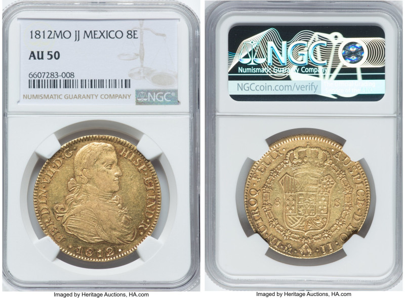 Ferdinand VII gold 8 Escudos 1812 Mo-JJ AU50 NGC, Mexico City mint, KM160, Cal-1...