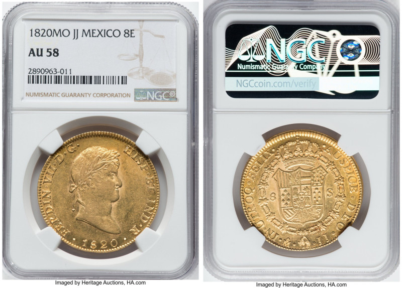 Ferdinand VII gold 8 Escudos 1820 Mo-JJ AU58 NGC, Mexico City mint, KM161, Cal-1...