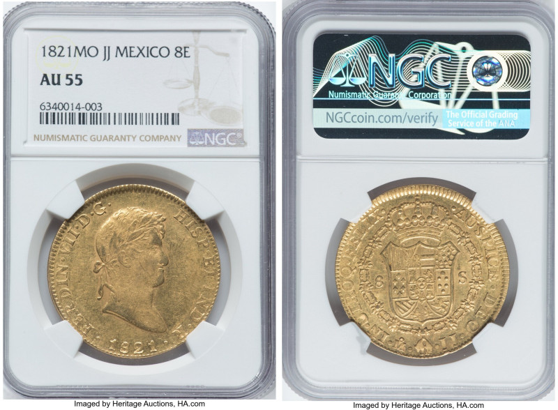 Ferdinand VII gold 8 Escudos 1821 Mo-JJ AU55 NGC, Mexico City mint, KM161, Cal-1...