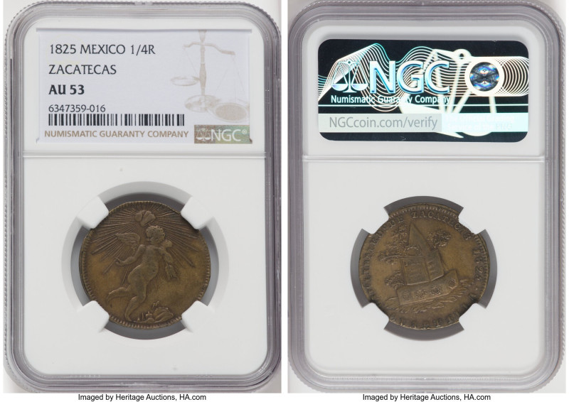 Republic 1/4 Real 1825 AU53 NGC, Zacatecas mint, KM366. A popular, whimsical typ...