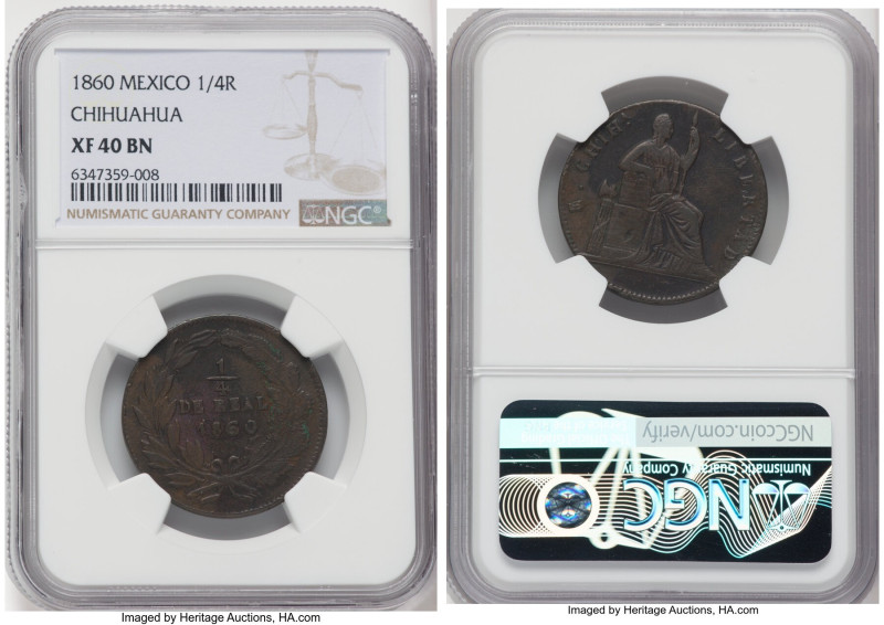Republic 1/4 Real 1860 XF40 Brown NGC, Chihuahua mint, KM344. The first date of ...
