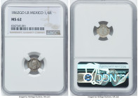 Republic 1/4 Real 1862 Go-LR MS62 NGC, Guanajuato mint, KM368.5. A delightful, Mint State piece with dove patination and confident shimmer adorning th...