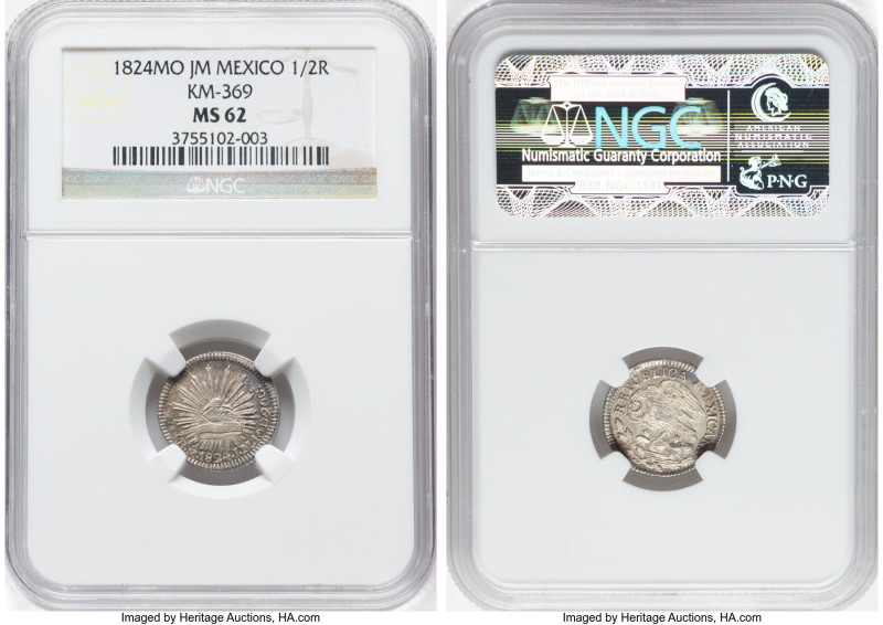 Republic 1/2 Real 1824 Mo-JM MS62 NGC, Mexico City mint, KM369. A coveted state ...