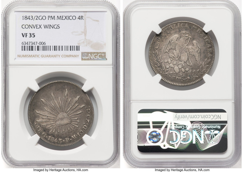 Republic 4 Reales 1843/2 Go-PM VF35 NGC, Guanajuato mint, KM375.4. Eagle with co...