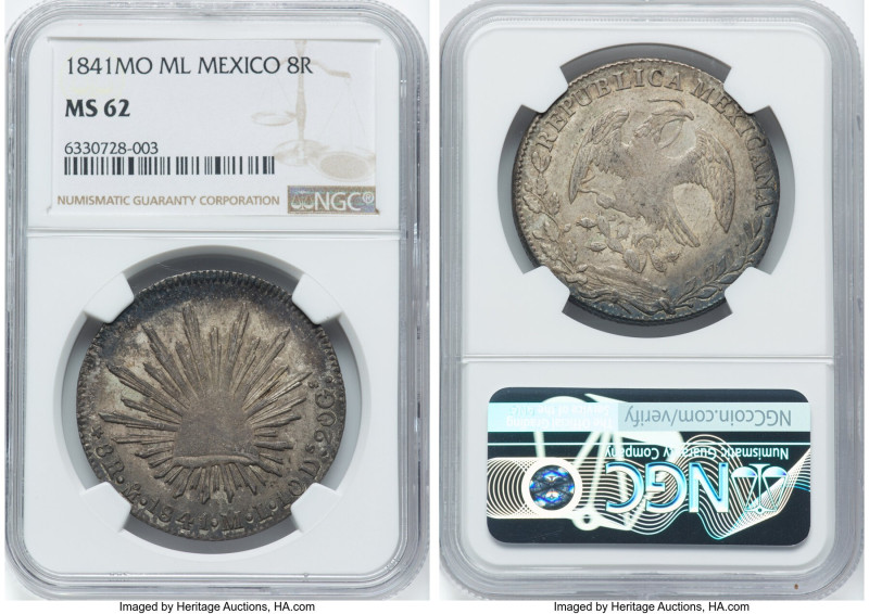 Republic 8 Reales 1841 Mo-ML MS62 NGC, Mexico City mint, KM377.10, DP-Mo24. Soft...