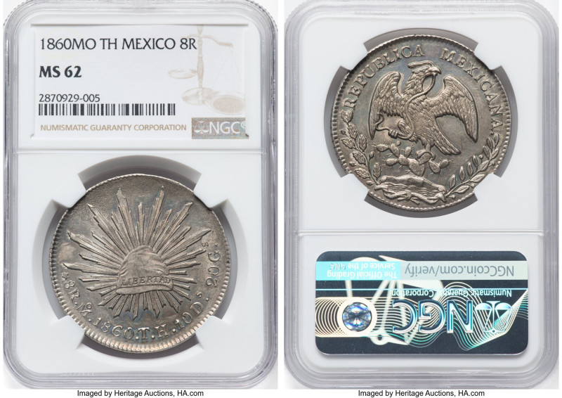 Republic 8 Reales 1860 Mo-TH MS62 NGC, Mexico City mint, KM377.10, DP-Mo47. An a...