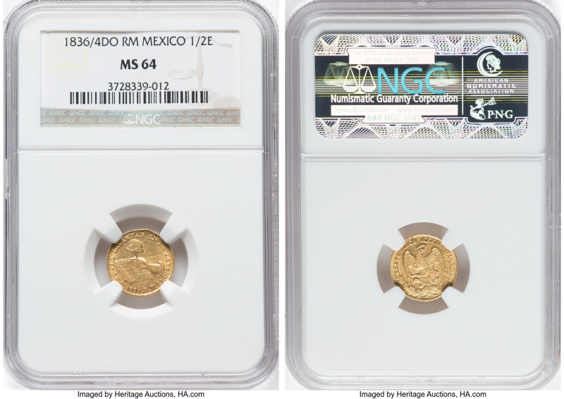 Republic gold 1/2 Escudo 1836/4 Do-RM MS64 NGC, Durango mint, KM378.1, Fr-111. B...