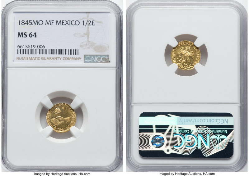 Republic gold 1/2 Escudo 1845 Mo-MF MS64 NGC, Mexico City mint, KM378.5. Packing...