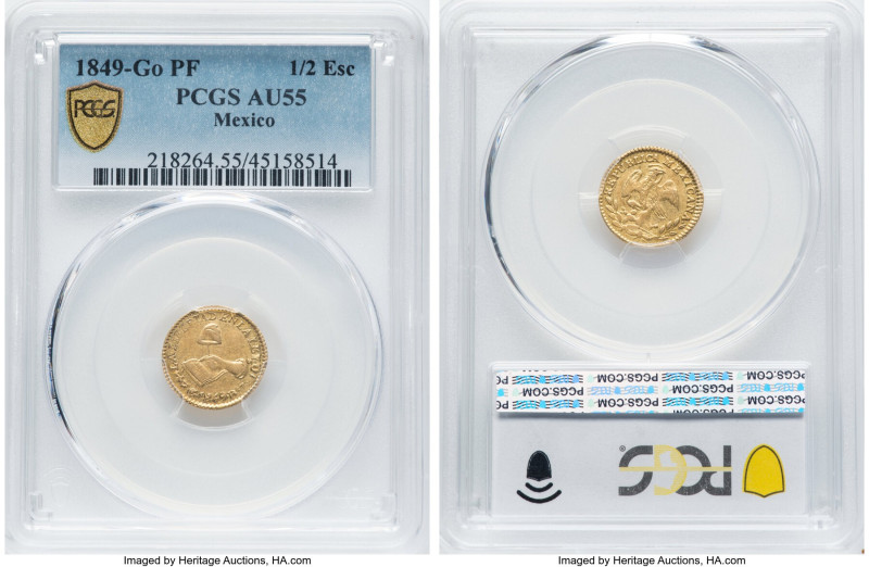 Republic gold 1/2 Escudo 1849 Go-PF AU55 PCGS, Guanajuato mint, KM378.4, Fr-115....