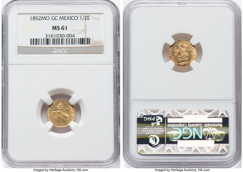Republic gold 1/2 Escudo 1852 Mo-GC MS61 NGC, Mexico City mint, KM378.5, Fr-107....
