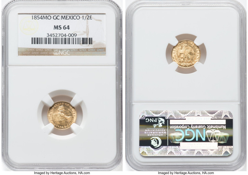 Republic gold 1/2 Escudo 1854 Mo-GC MS64 NGC, Mexico City mint, KM378.5, Fr-107....
