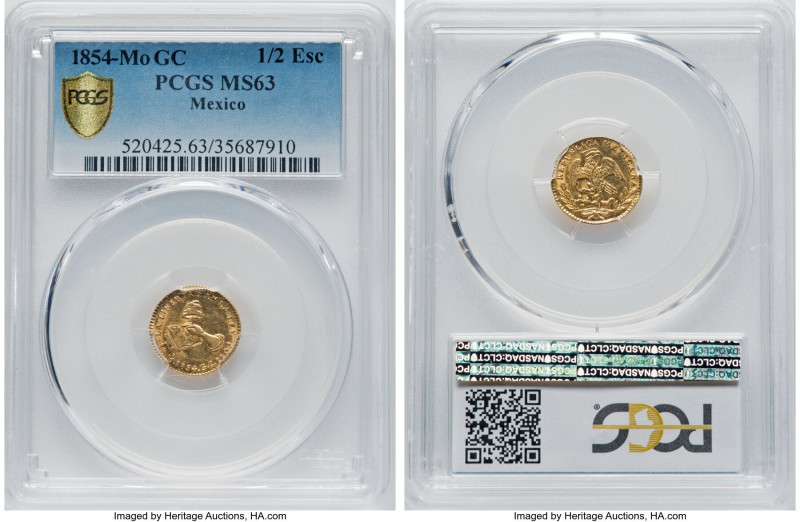 Republic gold 1/2 Escudo 1854 Mo-GC MS63 PCGS, Mexico City mint, KM378.5, Fr-107...