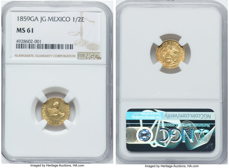 Republic gold 1/2 Escudo 1859 Ga-JG MS61 NGC, Guadalajara mint, KM378.2. A lemon...