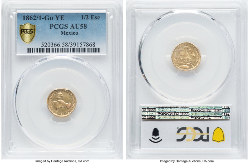 Republic gold 1/2 Escudo 1862/1 Go-YE AU58 PCGS, Guanajuato mint, KM378.4, Fr-11...