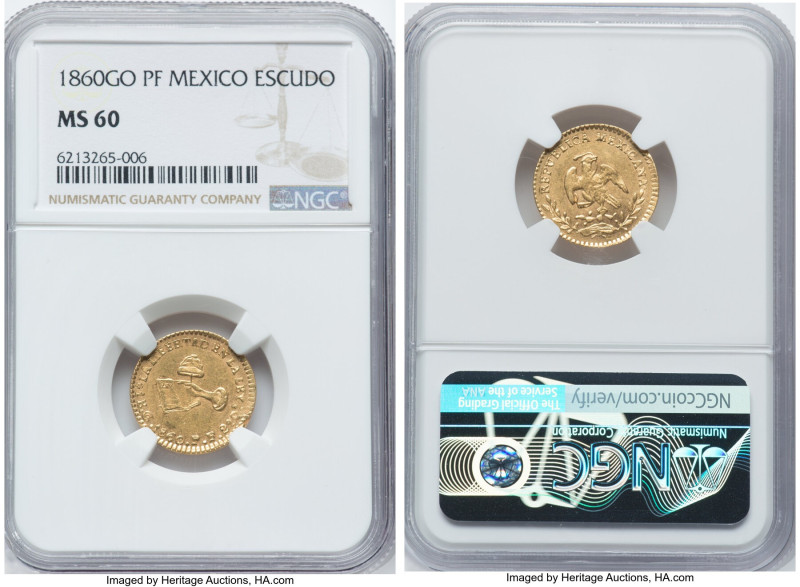 Republic gold Escudo 1860 Go-PF MS60 NGC, Guanajuato mint, KM379.4. Currently th...