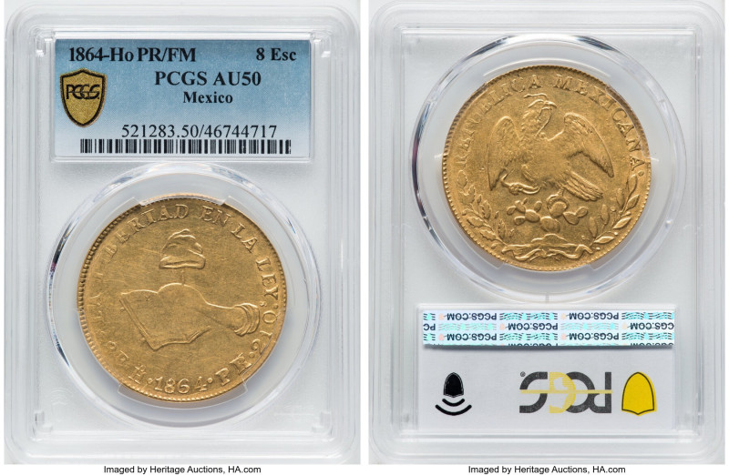 Republic gold 8 Escudos 1864 Ho-PR/FM AU50 PCGS, Hermosillo mint, KM383.8. The f...